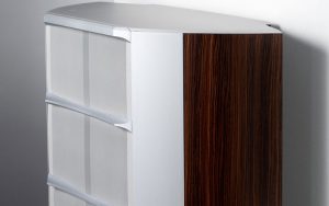 white and wood speaker
