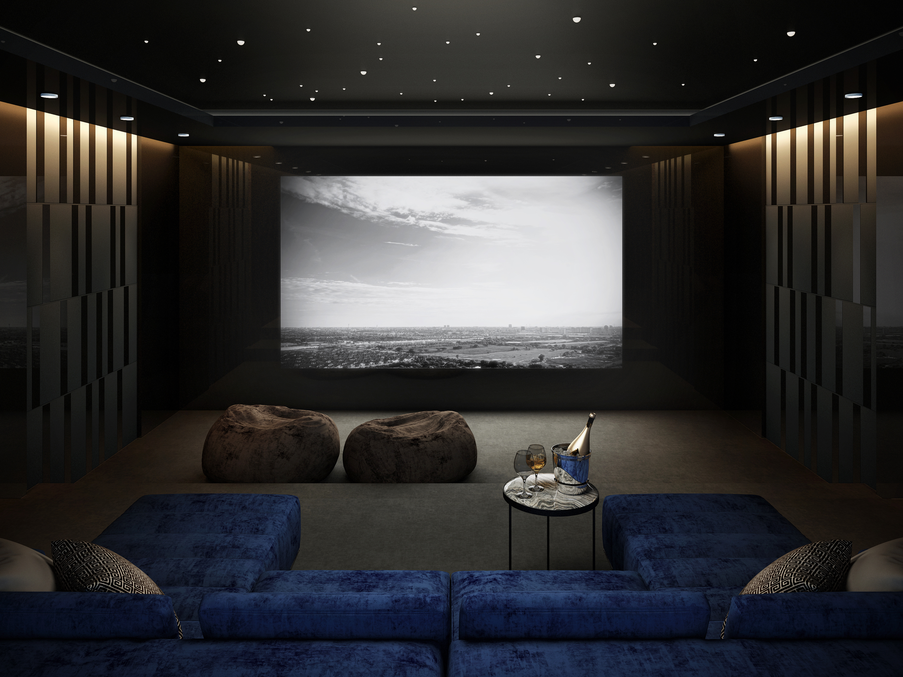 Luxury home theater with projector and tiered seating