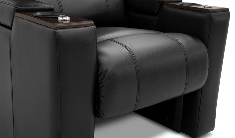 brown leather chair with cup holder and tablet holder