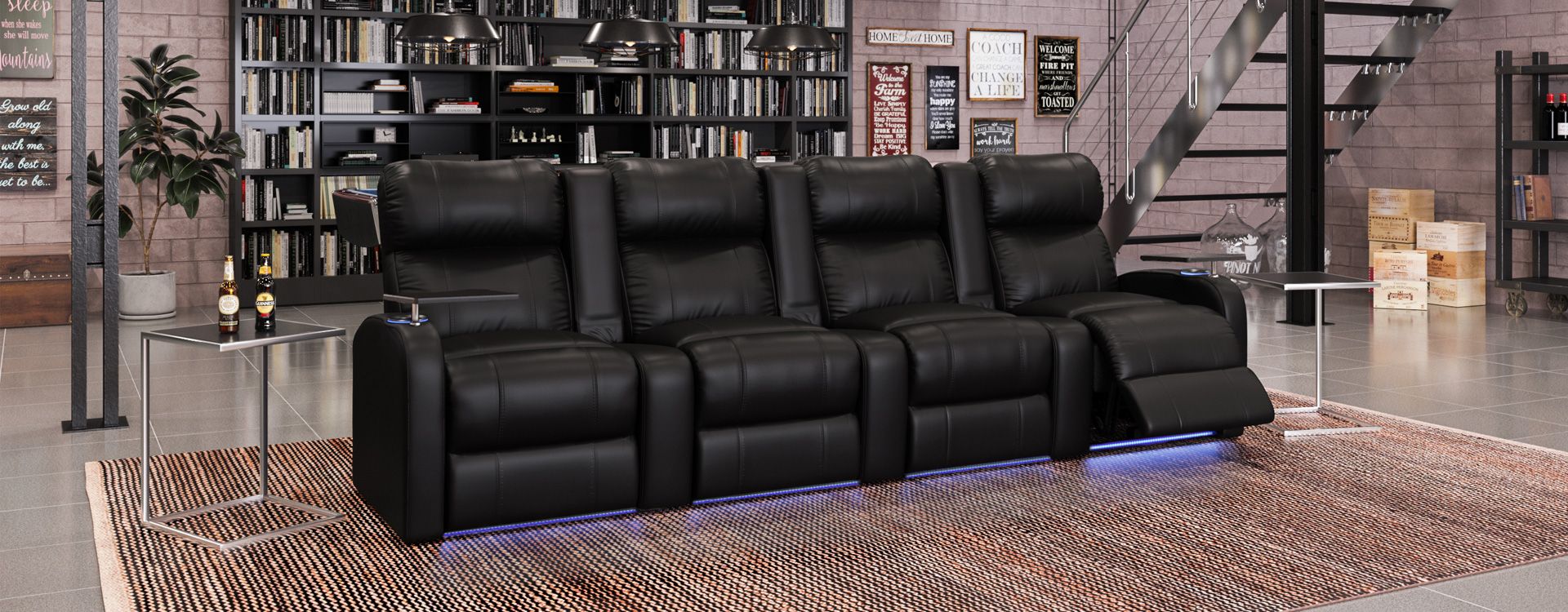 Black Top Grain Leather Memory Foam Power Recline Straight Row 4 Chairs with Loveseat Stealth XL450 Theater Seats